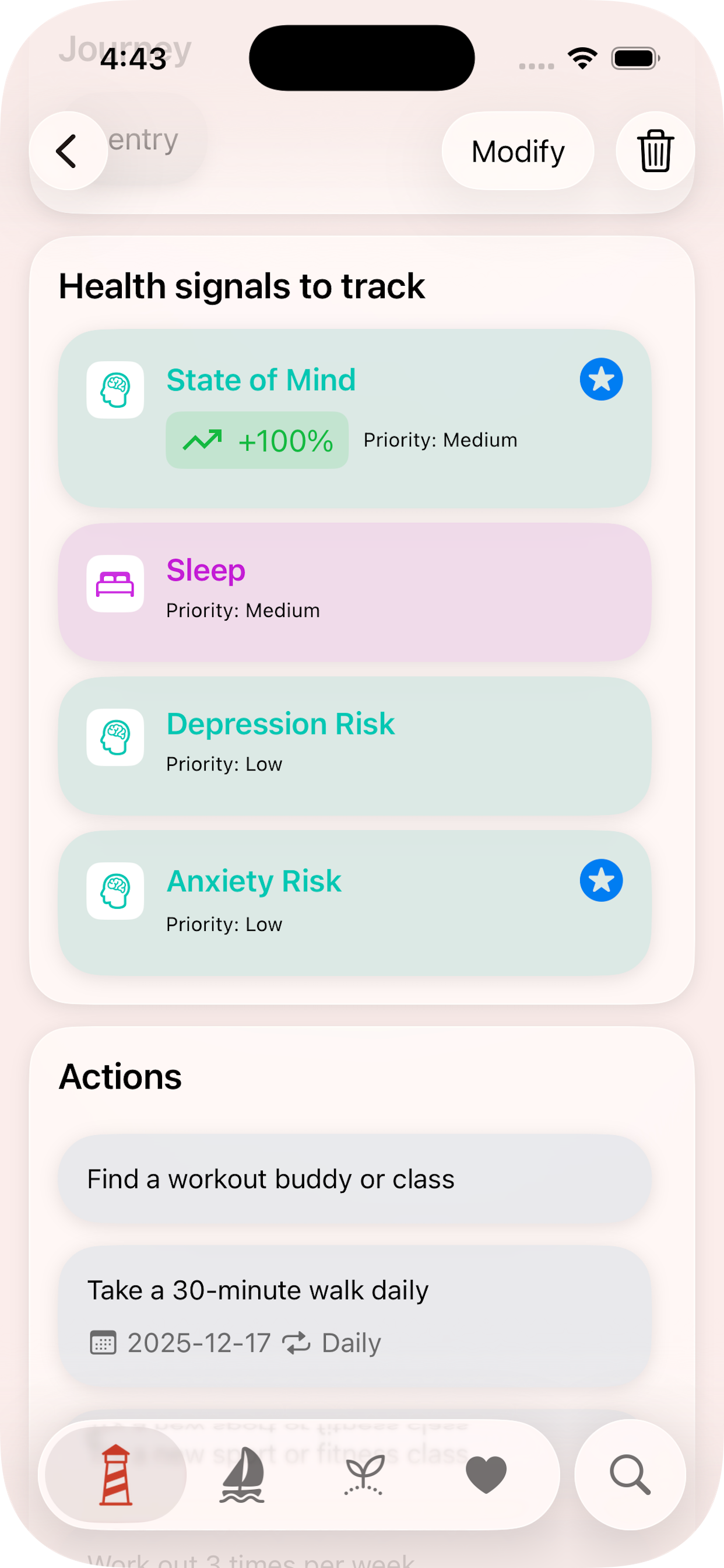 Goal detail with health signals and actions